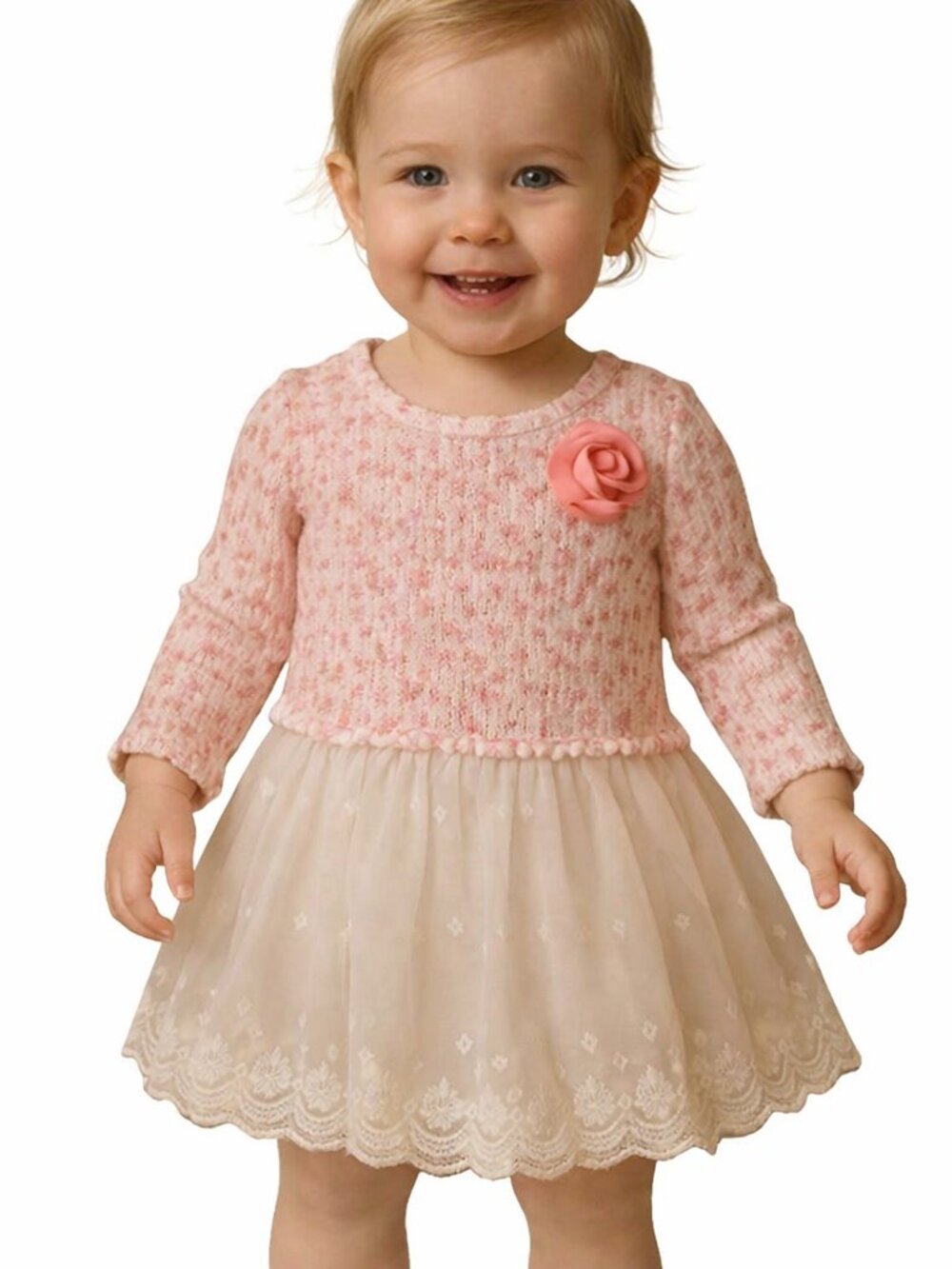Girls Pink & White Crocheted Dress Lace Hem Cuffed Sleeves 2T 3T